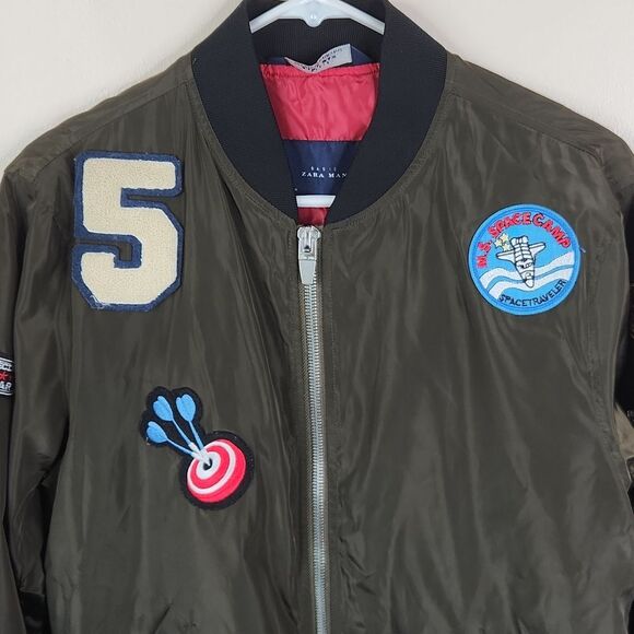 Zara Man Basic Full Zip Space Camp Patchwork Satin Bomber Jacket Medium - Picture 2 of 8